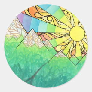 Sticker Rond Aquarelle et marqueur Abstraits Rainbow Sun Settin