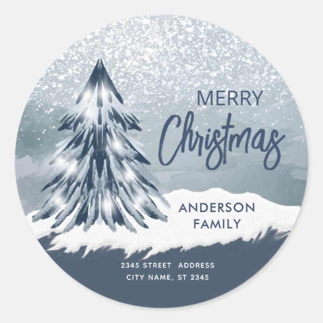 Sticker Rond Aquarelle étincelante sapin de Noël hiver (Devant)