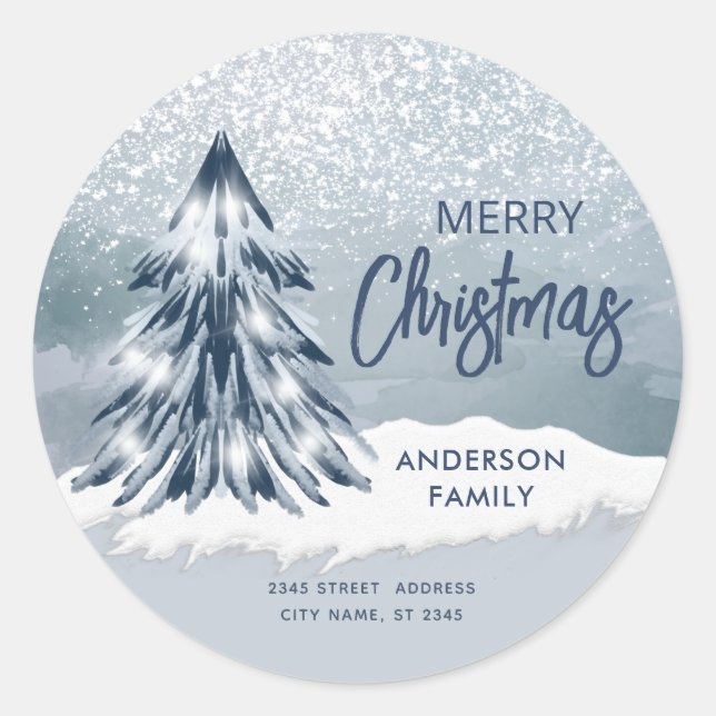 Sticker Rond Aquarelle étincelante sapin de Noël hiver (Devant)