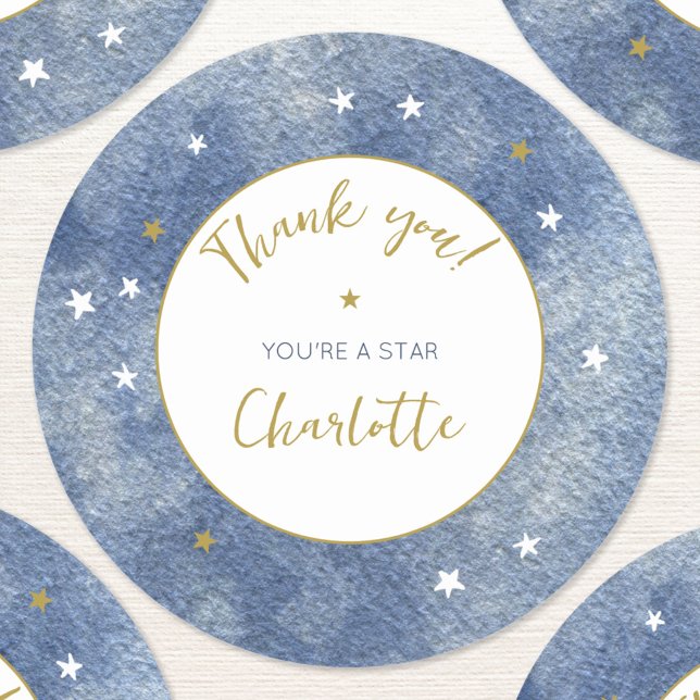 Sticker Rond Aquarelle étoile céleste Merci personnalisé (You're a Star watercolor blue celestial star personalized thank you sticker)