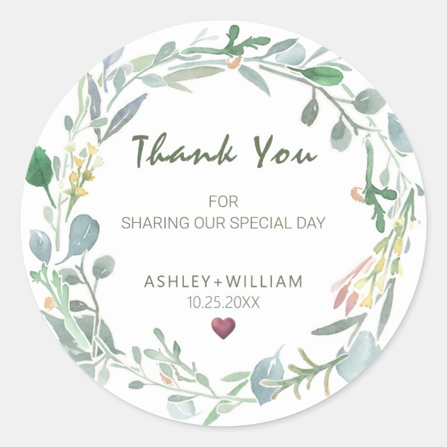 Sticker Rond Aquarelle Eucalyptus Mariage de couronne Merci (Devant)