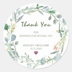 Sticker Rond Aquarelle Eucalyptus Mariage de couronne Merci