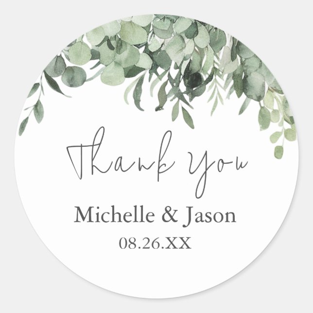 Sticker Rond Aquarelle Eucalyptus Merci Mariage vert (Devant)