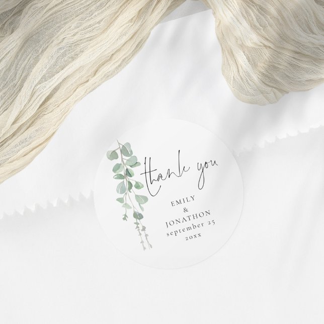 Sticker Rond Aquarelle Eucalyptus Noms Date Merci Mariage (Créateur téléchargé)