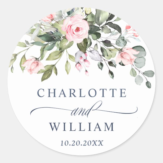 Sticker Rond Aquarelle Eucalyptus rose Roses Mariage Merci (Devant)
