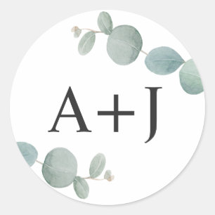 Sticker Rond Aquarelle Eucalyptus Verdure avec Initiales