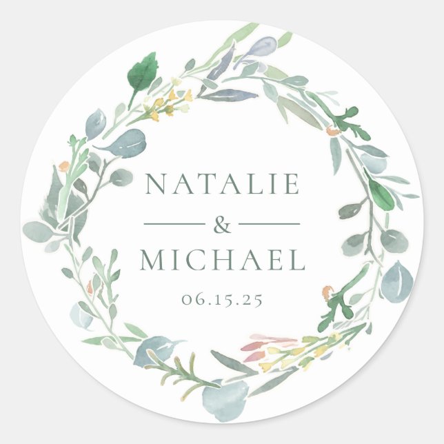 Sticker Rond Aquarelle Eucalyptus Wreath Mariage vert (Devant)