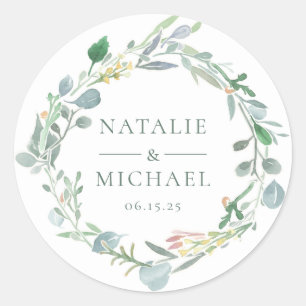Sticker Rond Aquarelle Eucalyptus Wreath Mariage vert