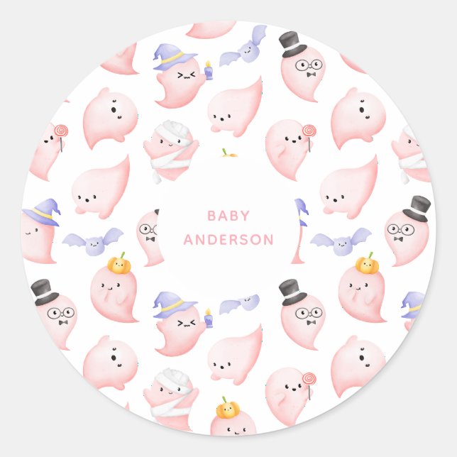 Sticker Rond Aquarelle Fantômes roses Baby shower d'Halloween (Devant)