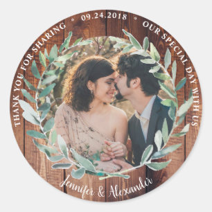Sticker Rond Aquarelle feuille bois Mariage Merci photo