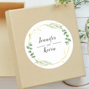 Sticker Rond Aquarelle Feuille de Vert poussiéreux Doré Mariage