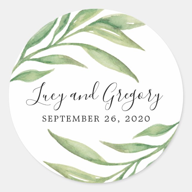 Sticker Rond Aquarelle Feuilles botaniques | Faveur de mariage (Devant)