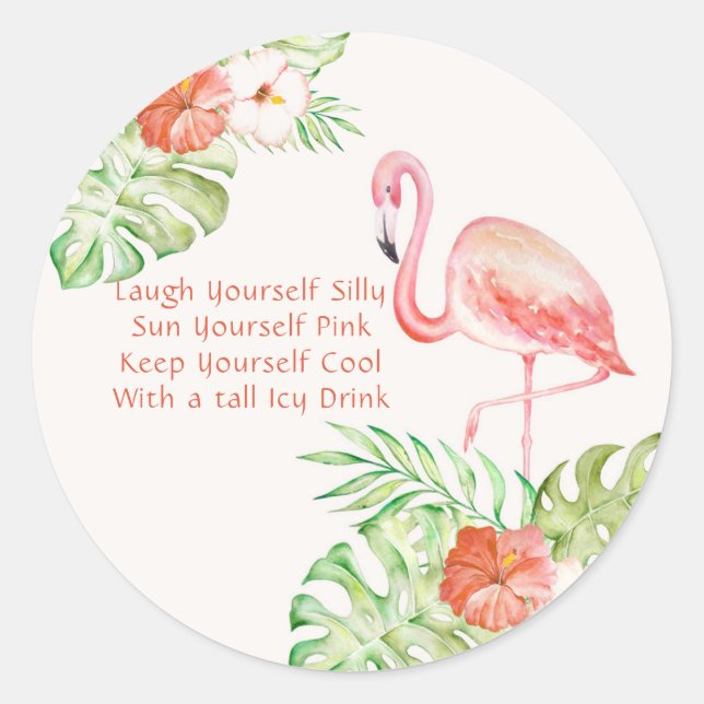 Sticker Rond Aquarelle Flamant rose et Citation drôle Tropical (Devant)