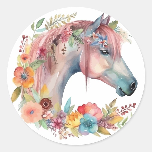 Sticker Rond Aquarelle Fleur Boho Horse Pastel (Devant)