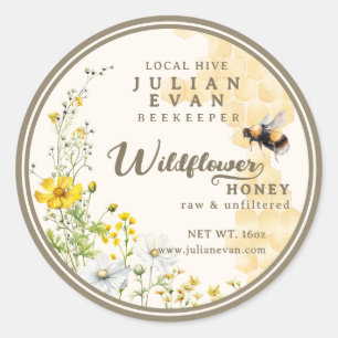 Sticker Rond Aquarelle Fleur sauvage Honeypeb Bee Honey Étiquet