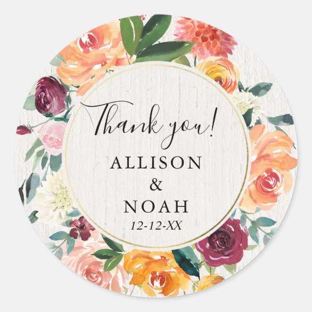 Sticker Rond Aquarelle fleurie automne rustique bordeaux faveur (Devant)