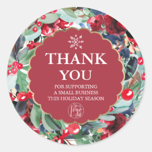Sticker Rond aquarelle fleurie couronne or rouge bleu merci