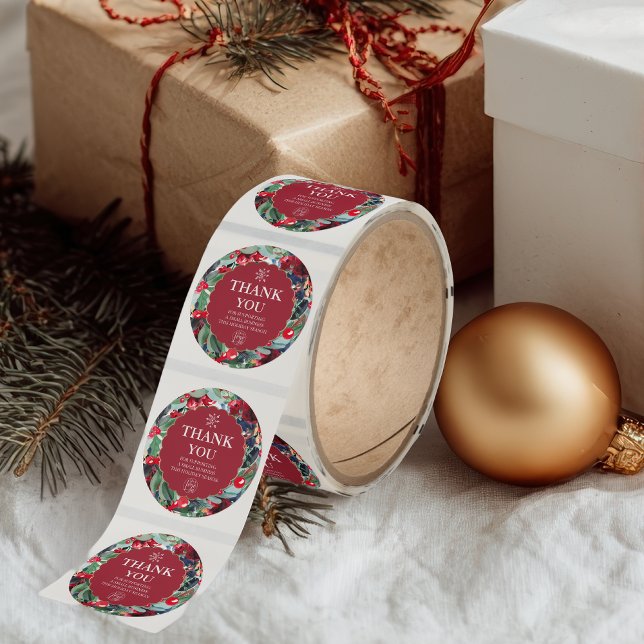Sticker Rond aquarelle fleurie couronne or rouge bleu merci (floral watercolor wreath gold red blue thank you classic round sticker)