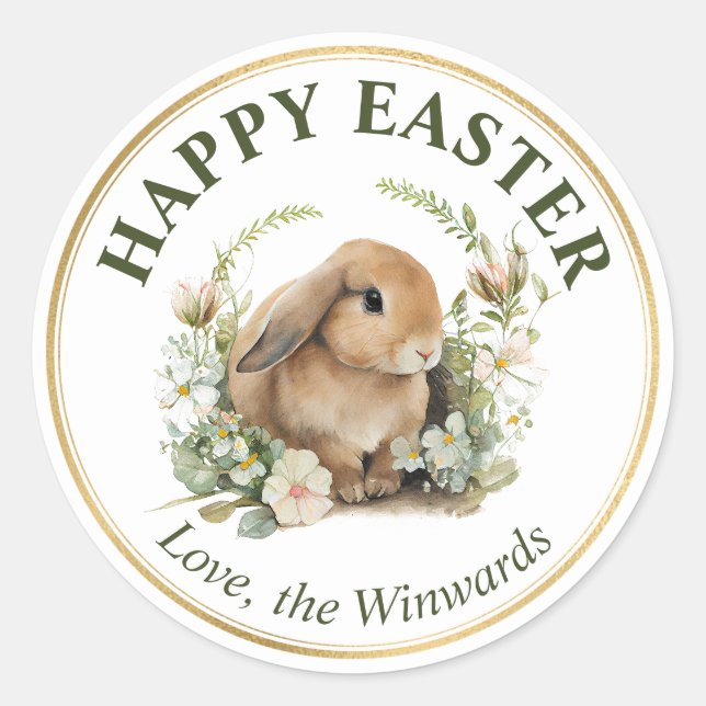 Sticker Rond Aquarelle Fleurs de printemps et lapin Joyeux Pâqu (Devant)