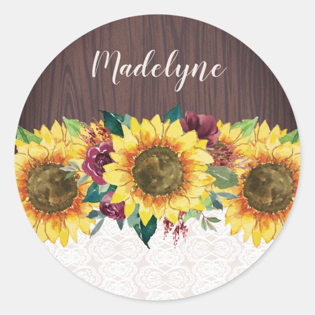 Sticker Rond Aquarelle Fleurs de soleil dentelle Bois Nom rusti (Devant)