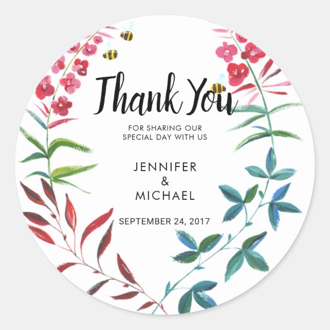 Sticker Rond Aquarelle fleurs d'été Mariage Merci Favoriser (Devant)