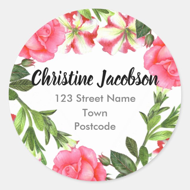 Sticker Rond Aquarelle Fleurs roses Adresse de couronne circula (Devant)