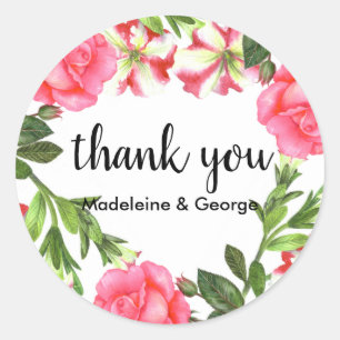 Sticker Rond Aquarelle Fleurs roses Circle Wreath Monogramme