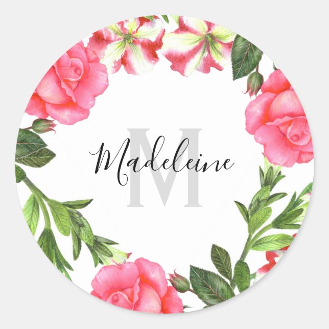 Sticker Rond Aquarelle Fleurs roses Circle Wreath Monogramme (Devant)
