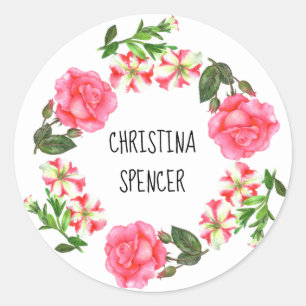 Sticker Rond Aquarelle Fleurs roses couronne circulaire