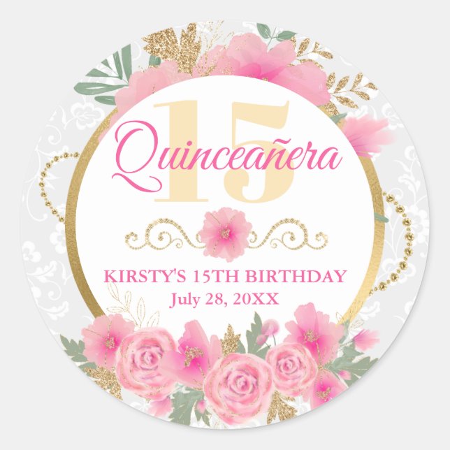 Sticker Rond Aquarelle Fleurs roses et Huile d'or Quinceañera (Devant)