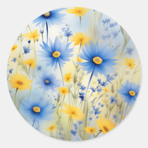 Sticker Rond Aquarelle Fleurs sauvages sur le bleu de Cornflowe