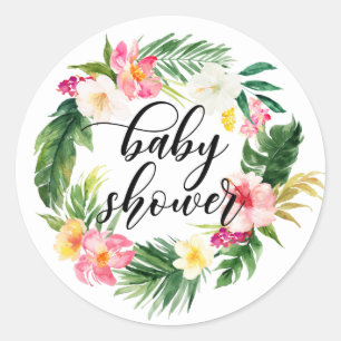 Sticker Rond Aquarelle Fleurs tropicales Baby shower de couronn