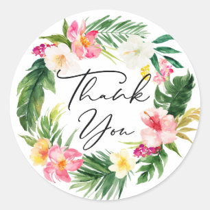 Sticker Rond Aquarelle Fleurs tropicales et Merci vert