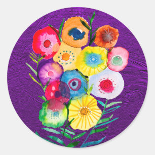 Sticker Rond Aquarelle fleurs violettes fleuries florales
