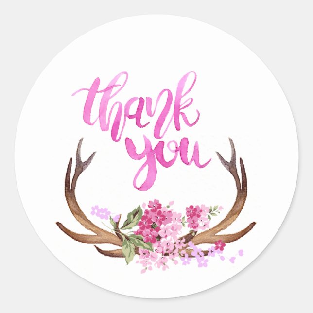 Sticker Rond Aquarelle Floral Antlers Merci (Devant)