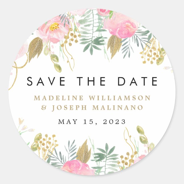 Sticker Rond Aquarelle Floral Blush & Gold Enregistrer la date (Devant)