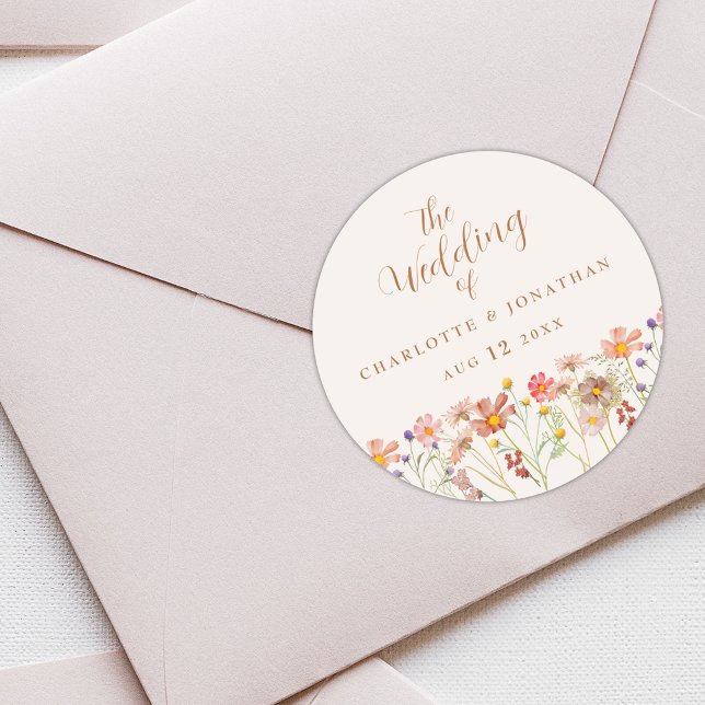 Sticker Rond Aquarelle Floral Boho Rustique Mariage (Boho fall Wildflower custom Wedding stickers autumn watercolor florals elegant script )