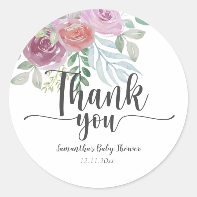 Sticker Rond Aquarelle Floral Bourgogne Merci rose (Devant)