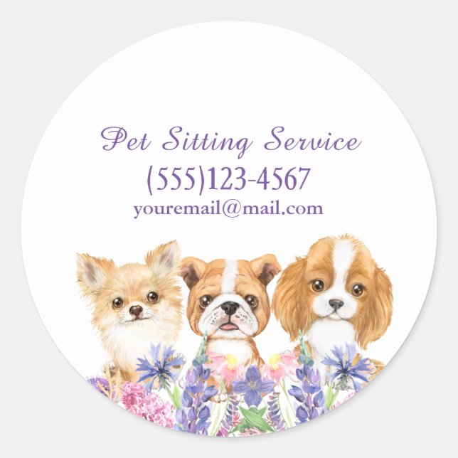 Sticker Rond Aquarelle Floral Chien Animaux de compagnie assis (Devant)