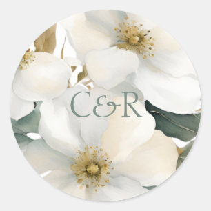 Sticker Rond Aquarelle Floral Couple Initiales Mariage