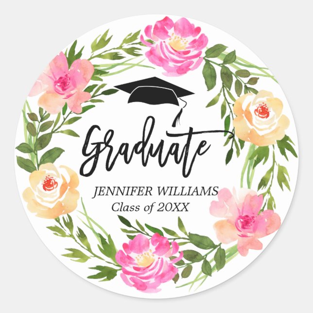 Sticker Rond Aquarelle Floral Hand Lettré Graduation personnali (Devant)