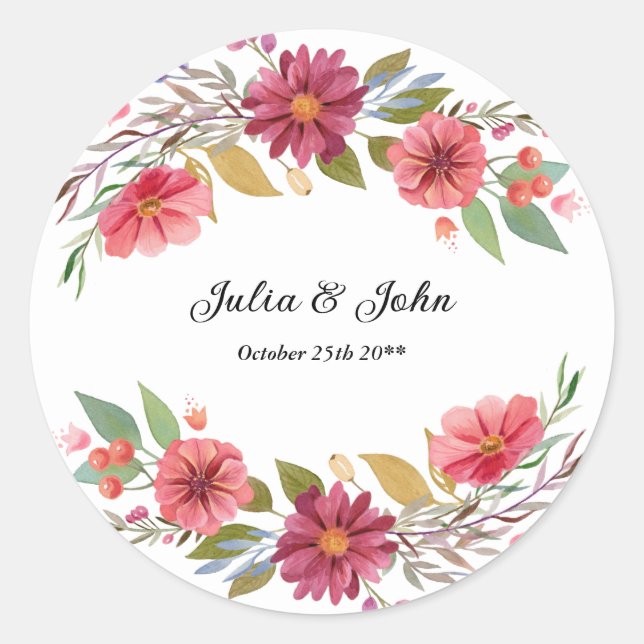Sticker Rond Aquarelle Floral Marsala et Dusty Pink Classic (Devant)