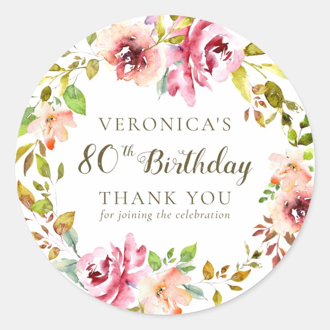 Sticker Rond Aquarelle Floral Merci d'anniversaire (Devant)