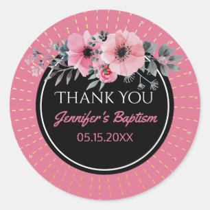 Sticker Rond Aquarelle Floral Merci Favoriser   Baptême de fill