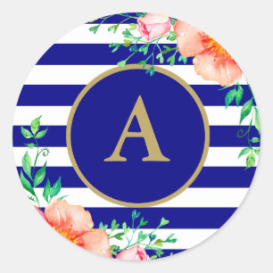 Sticker Rond Aquarelle Floral or Monogramme Marine Bande blanch
