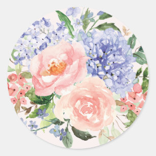 Sticker Rond Aquarelle Floral Printanier Hydrangea Pivoine Rose