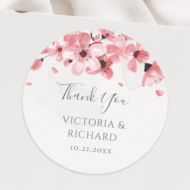 Sticker Rond Aquarelle Floral rose cerisier Mariage (Créateur téléchargé)