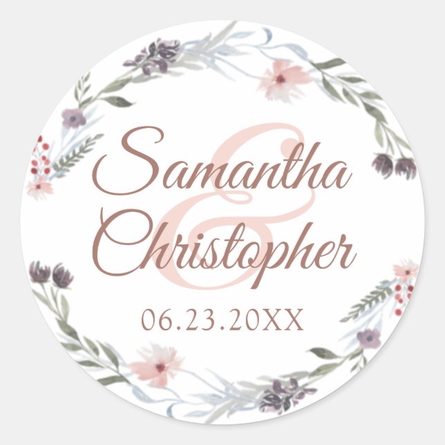 Sticker Rond Aquarelle Floral Rose or Script Mariage sceau (Devant)
