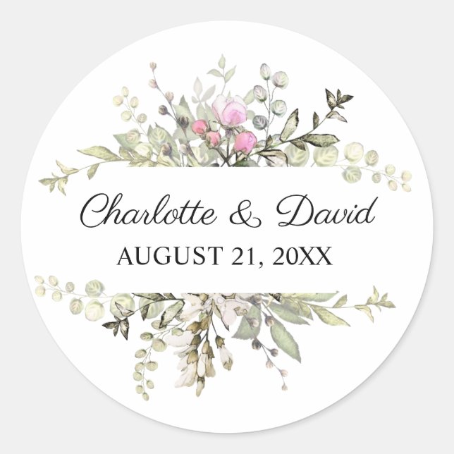 Sticker Rond Aquarelle Floral Rose Roses Mariage (Devant)