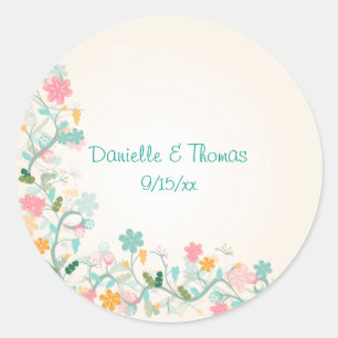 Sticker Rond Aquarelle Floral Rose Vert Turquoise Mariage